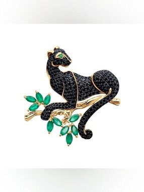 Gold-Tone Black Panther Brooch with Green Accents